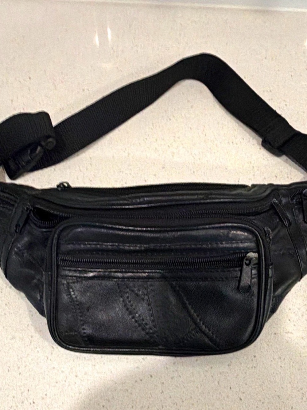 Black Genuine Leather Fanny Pack Waist Bag Adjustable Belt Multi Pocket Unisex